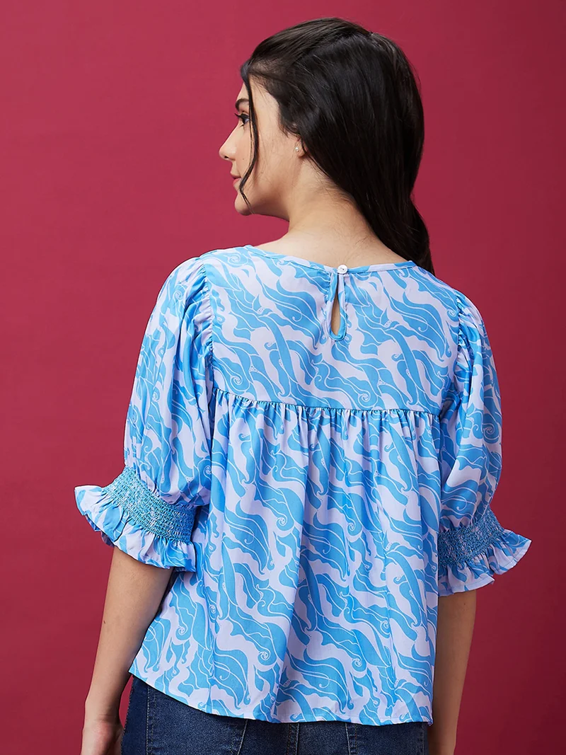 globus Women Blue Abstract Printed Square Neck Puff Sleeve Smocking Top