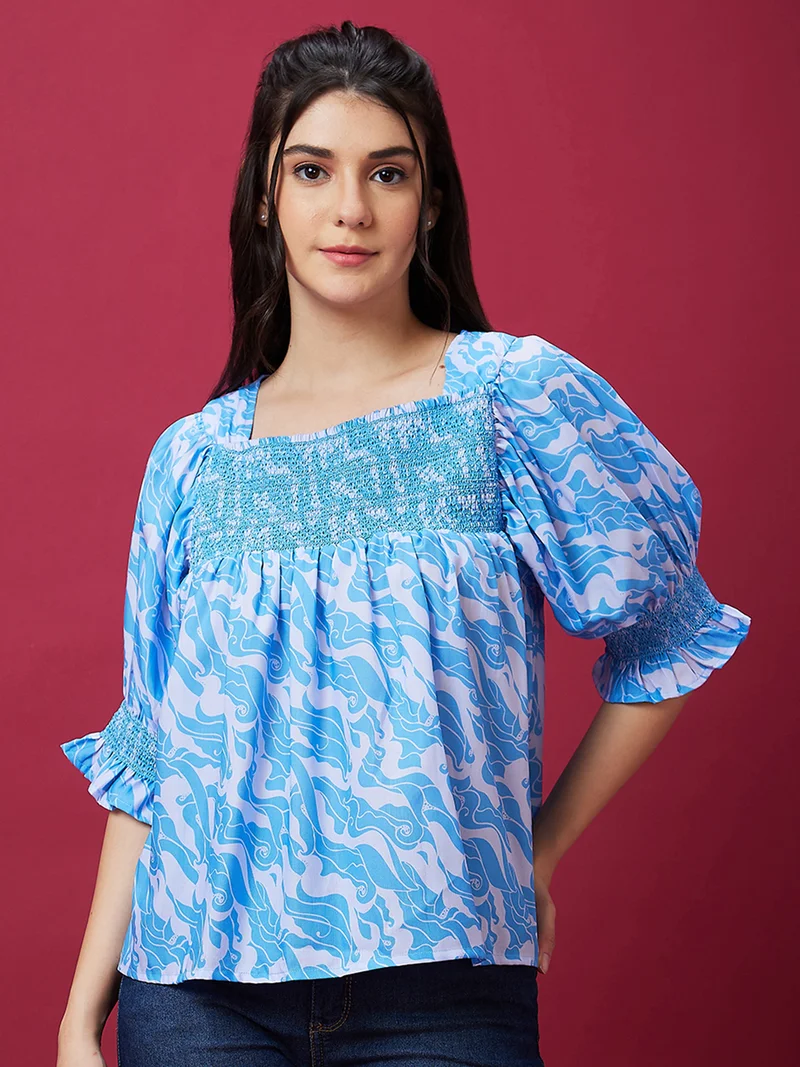 globus Women Blue Abstract Printed Square Neck Puff Sleeve Smocking Top