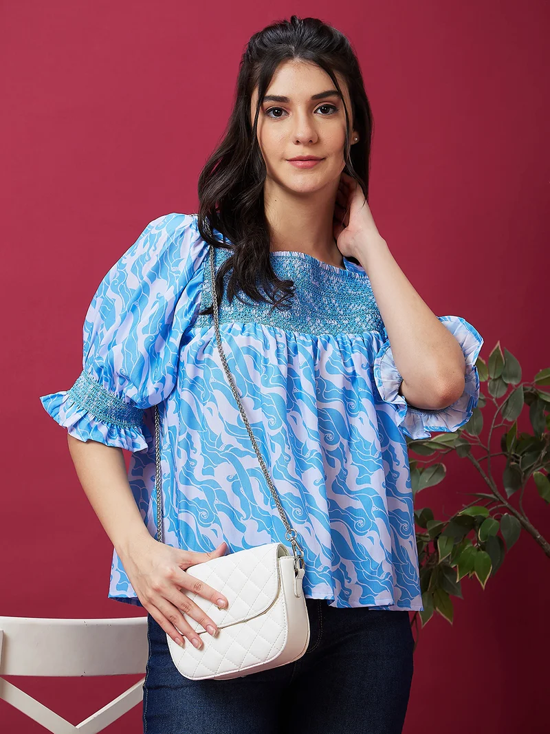 globus Women Blue Abstract Printed Square Neck Puff Sleeve Smocking Top