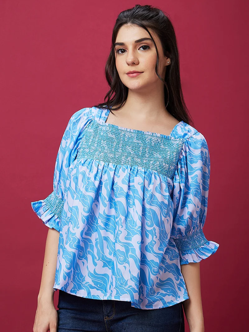 globus Women Blue Abstract Printed Square Neck Puff Sleeve Smocking Top