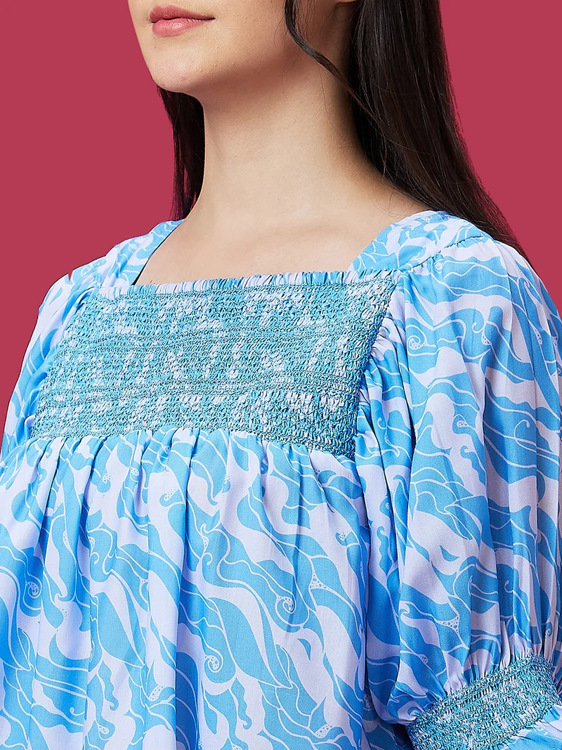 globus Women Blue Abstract Printed Square Neck Puff Sleeve Smocking Top