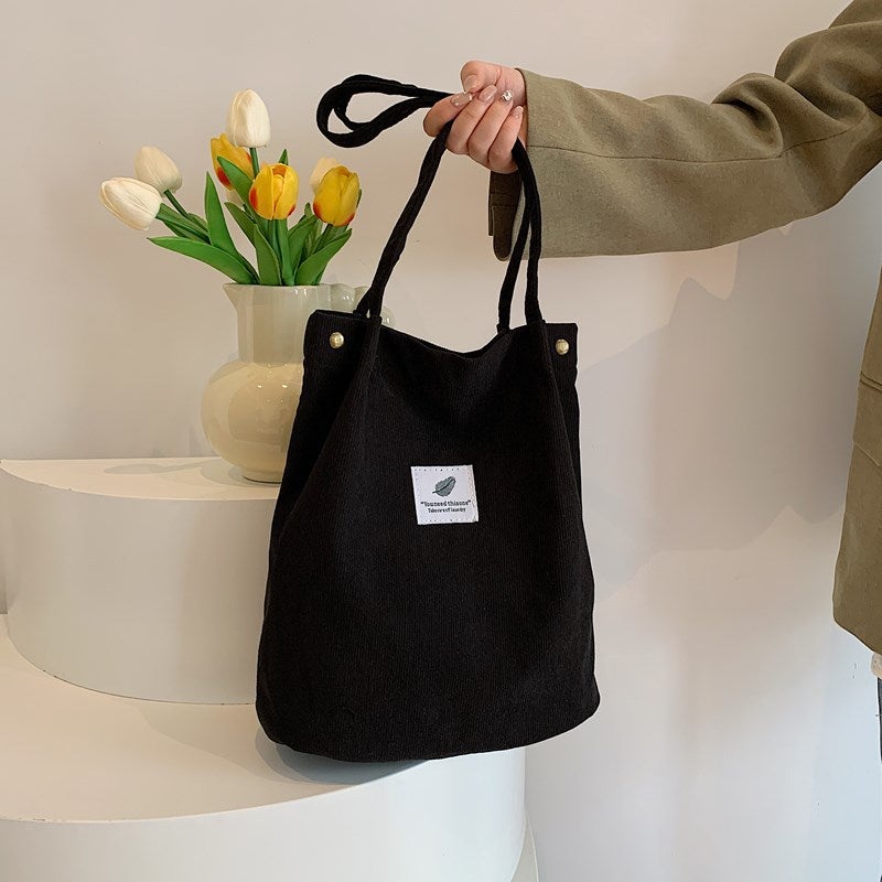 Corduroy Bucket Bag with Feather Charm, Handbag - Image 2