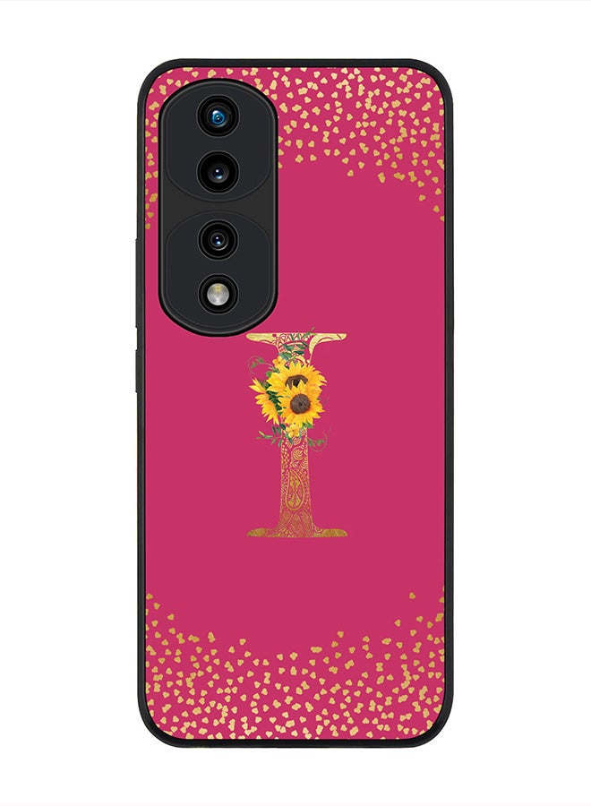 Stylizedd Rugged Black edge case for Honor 70 Pro, Slim fit Rubber Edges  -  Custom Monogram Initial Letter Mandala Floral Pattern Alphabet- I  (Dark Pink Rose ) - Image 1