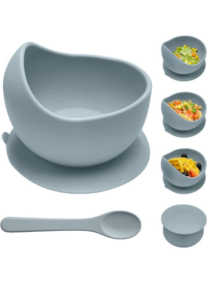 آي ميس يو طقم أوعية سيليكون للأطفال مع ملعقة وقاعدة شفط، ملعقة طعام للأطفال، أوعية شفط للفطام الذاتي، أطباق وأدوات طعام للأطفال الصغار، طقم تغذية من السيليكون - رمادي أزرق - Image 1