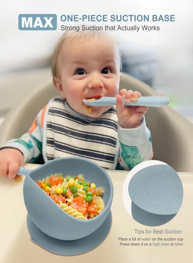 آي ميس يو طقم أوعية سيليكون للأطفال مع ملعقة وقاعدة شفط، ملعقة طعام للأطفال، أوعية شفط للفطام الذاتي، أطباق وأدوات طعام للأطفال الصغار، طقم تغذية من السيليكون - رمادي أزرق - Image 2