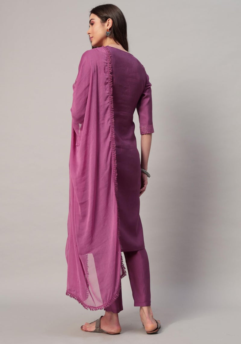 SHOPPING QUEEN Women's Silk Blend Chikankari Embroidery Kurta Set with Dupatta (A562_Mauve Pink_XL) - Image 2
