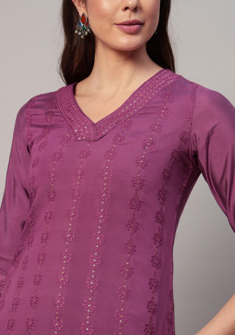 SHOPPING QUEEN Women's Silk Blend Chikankari Embroidery Kurta Set with Dupatta (A562_Mauve Pink_XL) - Image 4