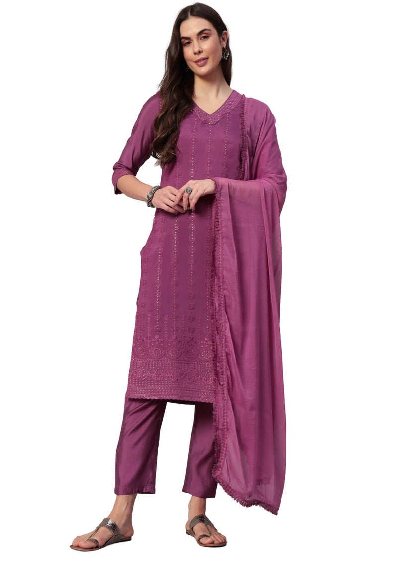 SHOPPING QUEEN Women's Silk Blend Chikankari Embroidery Kurta Set with Dupatta (A562_Mauve Pink_XL) - Image 1
