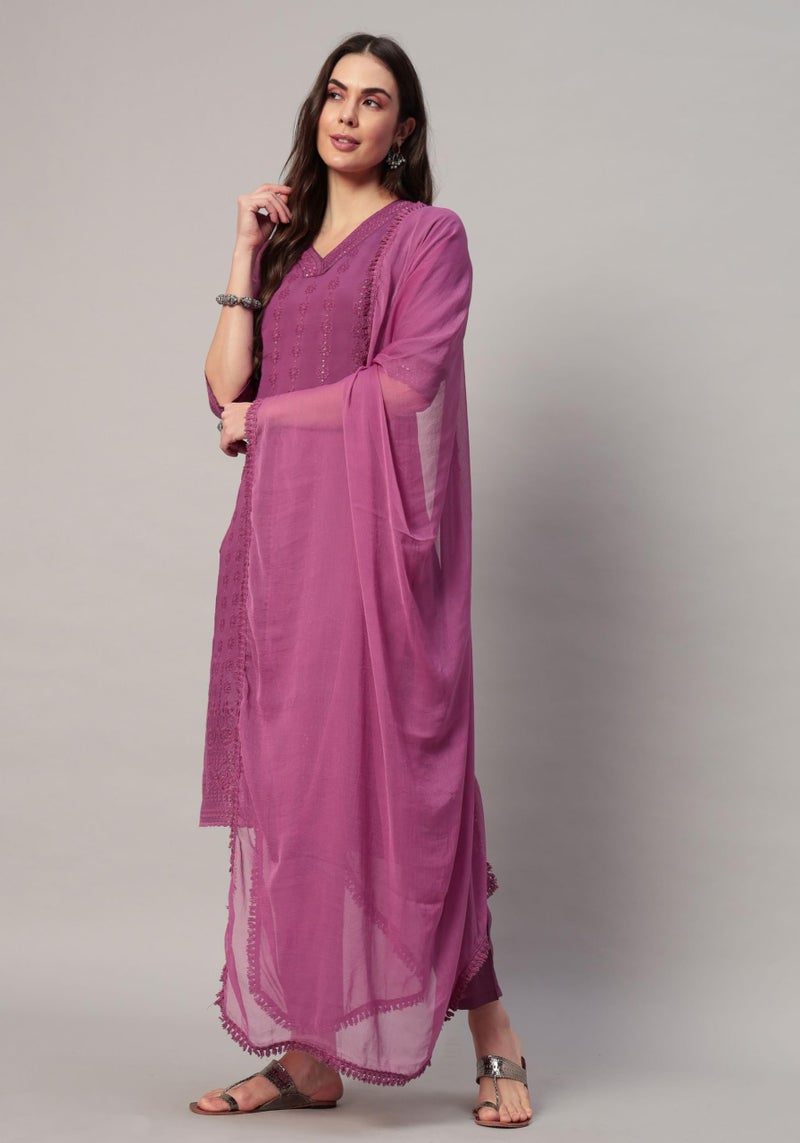 SHOPPING QUEEN Women's Silk Blend Chikankari Embroidery Kurta Set with Dupatta (A562_Mauve Pink_XL) - Image 3