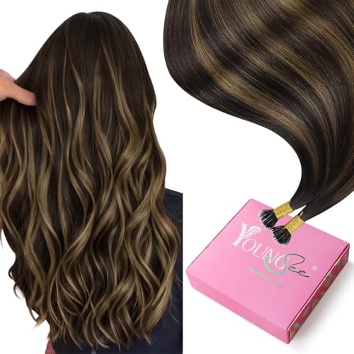 YoungSee 20in Nano Bead Hair Extensions Human Hair Brown Nano Ring Hair Extensions Balayage Dark Brown Mix Medium Browns Nano-Tip Hair Extension Real Human Hair for Wedding 50 Strands 50g - Image 1