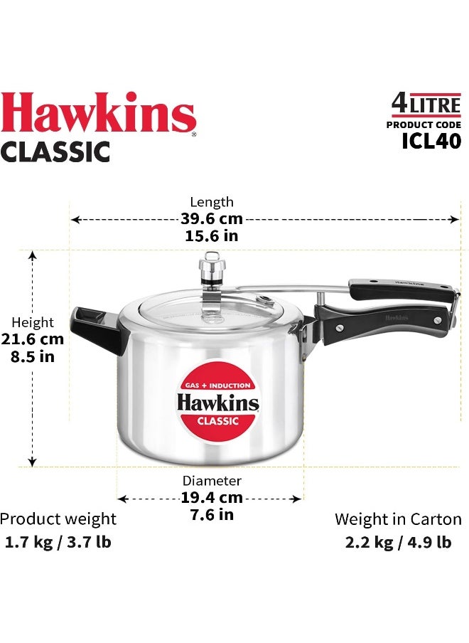 Hawkins - 4 Liters Classic Aluminium Pressure Cooker With Inner Lid,Induction Compatible,Silver - Image 1