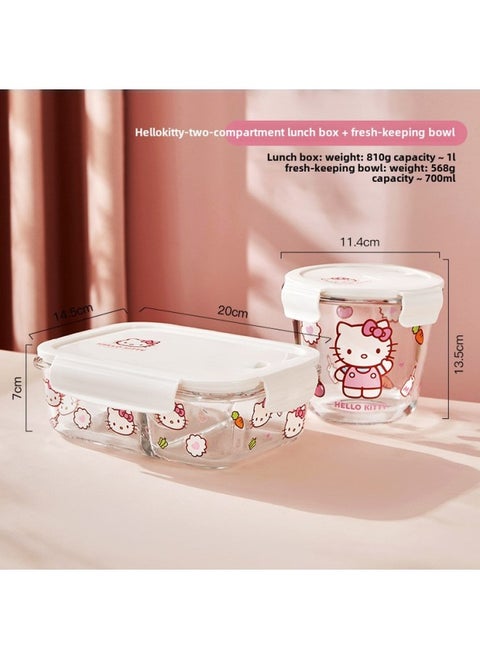 Hellokitty Glass Lunch Box With Lid Lunch Box Fresh Bowl Portable Fruit Salad Box Partition Bowl Soup Bowl-Specifications:Two-part Lunch Box + Round Soup Bowl Hello-Color:Standard