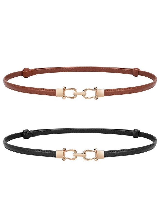 Werforu - 2 Pack Women Skinny Belt For Dressthin Waist Belt Adjustable Leather Belt With Gold Buckle Brown+Black Fit Waist Size Below 37 Inches - Image 1
