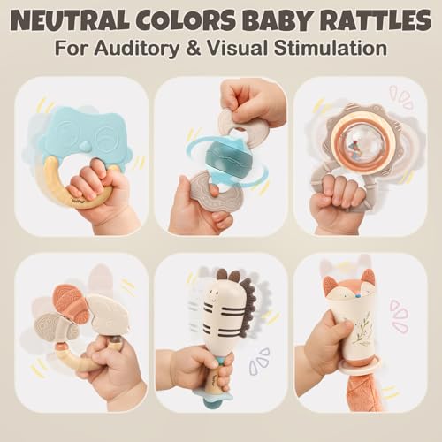 Vanplay Baby Rattles & Teethers Set – Baby Toys 0-6 Months, Teething Toys 3-6 Months, Sensory Toys with Soft Textures, Gentle Sounds & Easy-Grip Shape, Neutral Newborn Gift（10-Pack） - Image 3