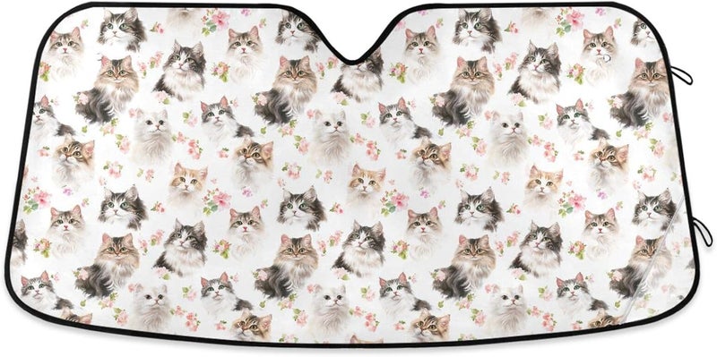 KLL car Sun Shade Windshield, Foldable Sun Protector accesorio para Autos Interior 53x23.5 Inch, Cartoon American Curl Cats White - Image 1