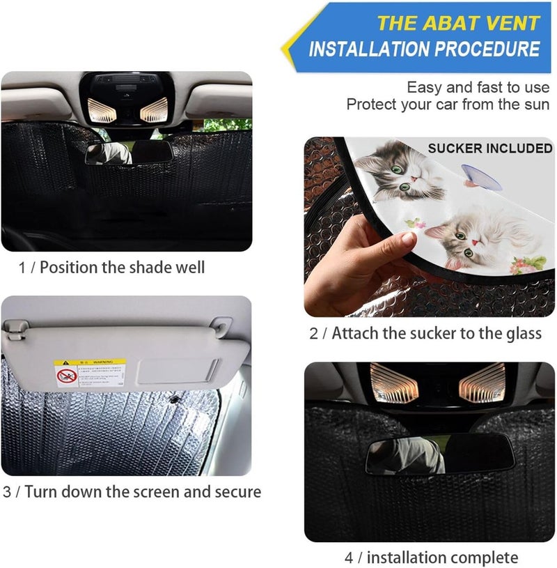 KLL car Sun Shade Windshield, Foldable Sun Protector accesorio para Autos Interior 53x23.5 Inch, Cartoon American Curl Cats White - Image 2