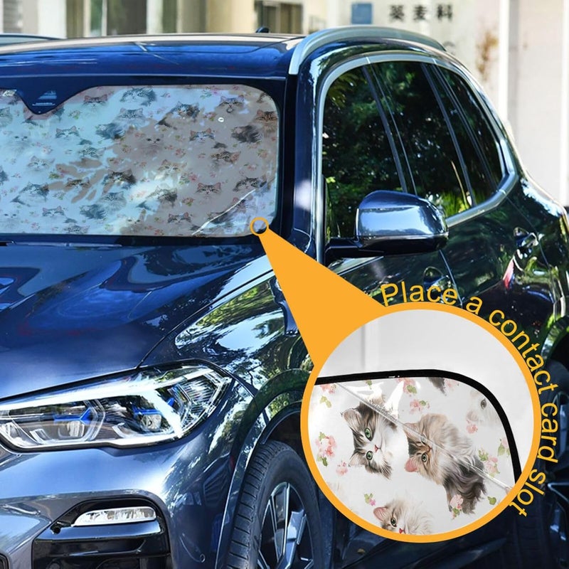 KLL car Sun Shade Windshield, Foldable Sun Protector accesorio para Autos Interior 53x23.5 Inch, Cartoon American Curl Cats White - Image 3