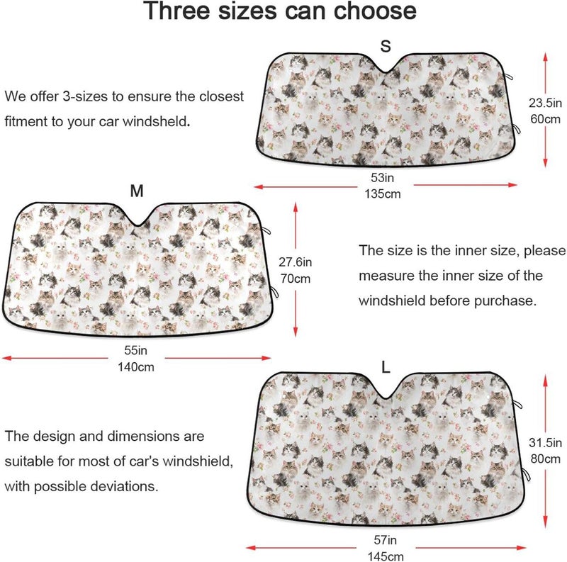 KLL car Sun Shade Windshield, Foldable Sun Protector accesorio para Autos Interior 53x23.5 Inch, Cartoon American Curl Cats White - Image 5
