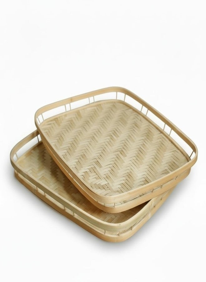 PEMAR Wicker Serving Trays w Handles,Rectangular Hand-Woven Lap Trays,Bamboo Bedroom Trays,Cabin Trays for Foods & Drinks. Decorative Trays for Coffee Tables,Breakfast,Dinners,Bed Eating. 2 Pack Set - Image 1