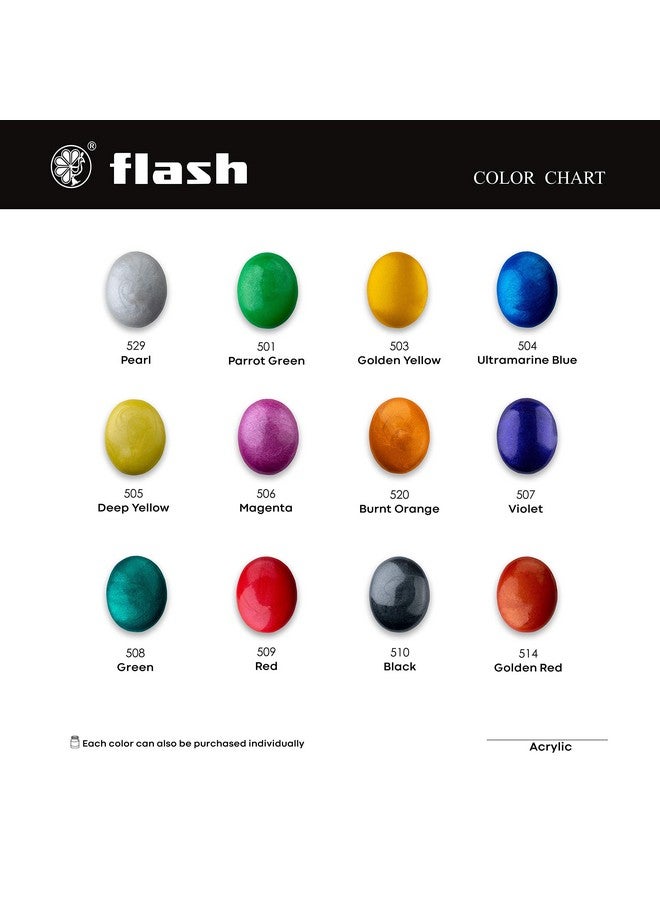 فلاش مجموعة ألوان أكريليك معدنية فلاش | 12 لونًا معدنيًا | 50 مل، 1.7 أونصة سائلة لكل لون | قوة صبغية عالية | لا يتلاشى | للاستخدام الداخلي/الخارجي | غير سام | طلاء متعدد الأسطح | فنان محترف ورسام هواة وأطفال (مجموعة معدنية مكونة من 12 لونًا)