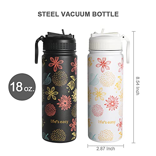 Life's Easy Stainless Steel Insulated Water Bottle - Sports Water Bottle w/Loop Handle Bionic Silicone Straw Lid - Vacuum Flask for Hot and Cold Drinks Great for School & More (Fleur Black, 18 oz) - Image 2