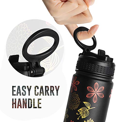 Life's Easy Stainless Steel Insulated Water Bottle - Sports Water Bottle w/Loop Handle Bionic Silicone Straw Lid - Vacuum Flask for Hot and Cold Drinks Great for School & More (Fleur Black, 18 oz) - Image 4