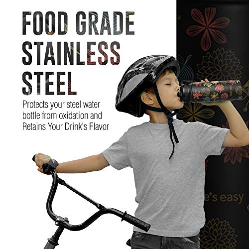 Life's Easy Stainless Steel Insulated Water Bottle - Sports Water Bottle w/Loop Handle Bionic Silicone Straw Lid - Vacuum Flask for Hot and Cold Drinks Great for School & More (Fleur Black, 18 oz) - Image 5