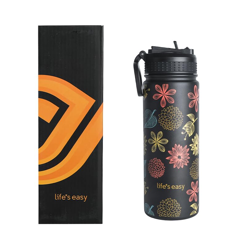 Life's Easy Stainless Steel Insulated Water Bottle - Sports Water Bottle w/Loop Handle Bionic Silicone Straw Lid - Vacuum Flask for Hot and Cold Drinks Great for School & More (Fleur Black, 18 oz) - Image 1