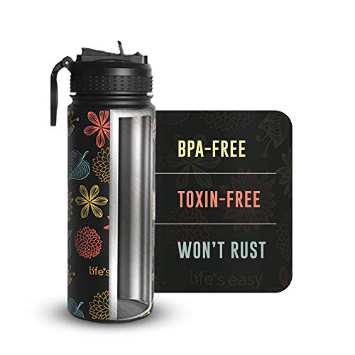 Life's Easy Stainless Steel Insulated Water Bottle - Sports Water Bottle w/Loop Handle Bionic Silicone Straw Lid - Vacuum Flask for Hot and Cold Drinks Great for School & More (Fleur Black, 18 oz) - Image 3