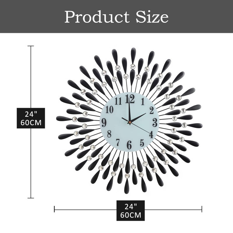 JUGV 24 INCH Large Wall Clock for Living Room Decor,Non-Ticking Quiet Metal Petals Dial Glass Big Wall Clocks Black for Bedroom,bedrooms Kitchen and Small Space Decoration - Image 2