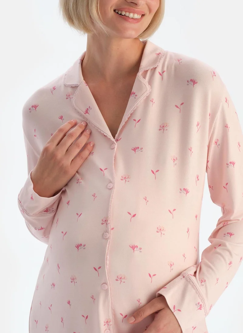 dagi Floral Print Maternity Nightdress Spread Collar Modal Sleepwear