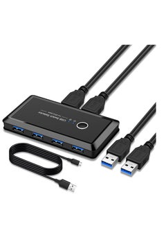 USB Switch Selector, Computers Share 4 Port 2 Peripheral Switcher Adapter Hub PC Printer Scanner Mouse Keyboard with One Button and Pack 3.0 Cable