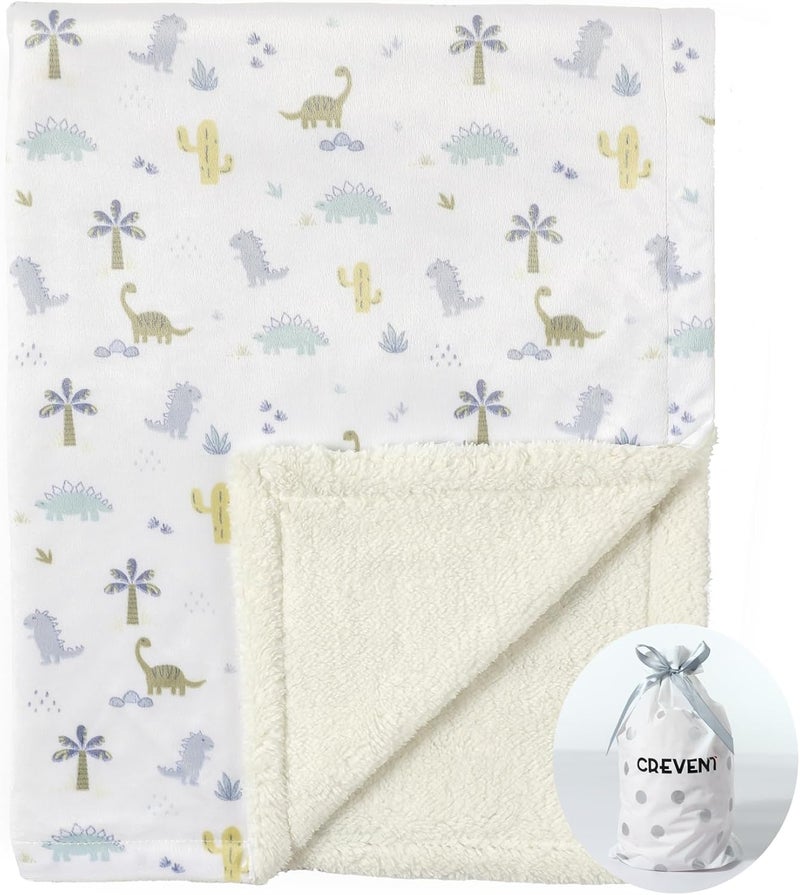 CREVENT 76x102cm Cozy Soft and Warm Mink Baby Blanket with Sherpa Backing, Packing with Ribbon for Newborn Infant Toddler's Crib Cot Stroller (Dinosaur) - Image 1