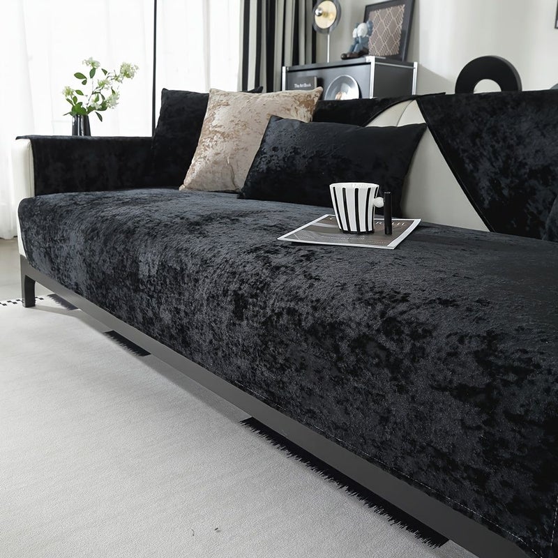 1pc Black Velvet Armrest Sofa Slipcover Thickened Nonslip Four Seasons Pet Friendly Dog Proof Furniture Protector Couch Cover Nordic Modern Simple Home Living Room Office Decoration - Image 3
