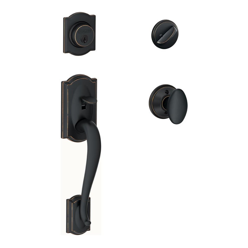 SCHLAGE F60 CAM 716 SIE Camelot Single Cylinder Handle Set and Siena Knob Aged Bronze
