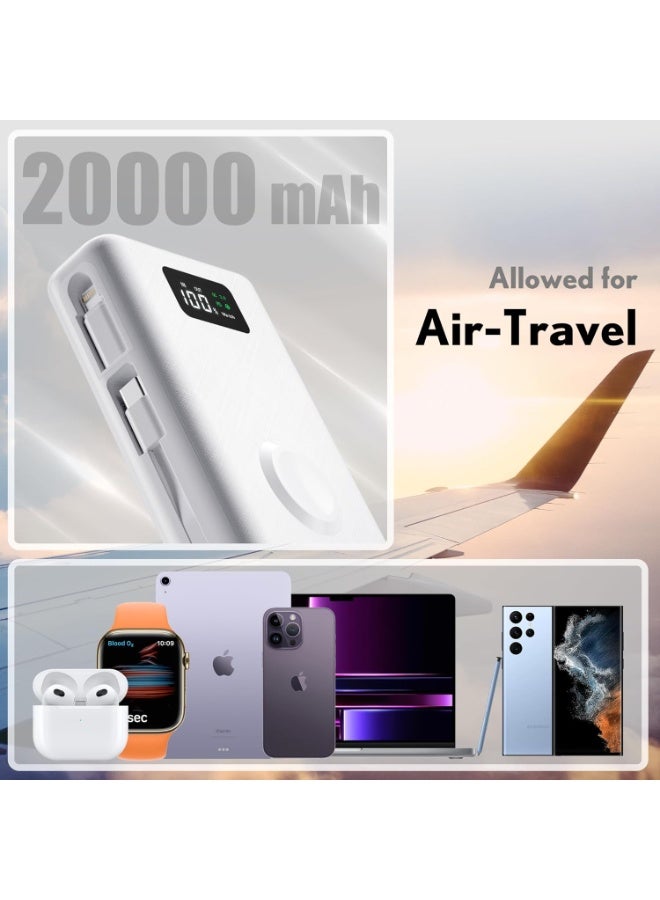 PZOZ Power Bank 20000mAh, 2-in-1 Portable Charger for iPhone 14 15 16 Pro max,Apple Watch Series&More Devices,Battery Pack Built in USB C Cable and Lightning Adapter, Support PD QC 3.0(white) - Image 2