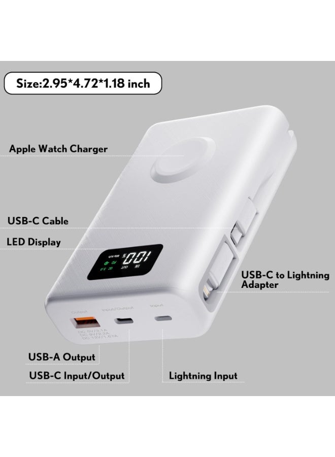 PZOZ Power Bank 20000mAh, 2-in-1 Portable Charger for iPhone 14 15 16 Pro max,Apple Watch Series&More Devices,Battery Pack Built in USB C Cable and Lightning Adapter, Support PD QC 3.0(white) - Image 4