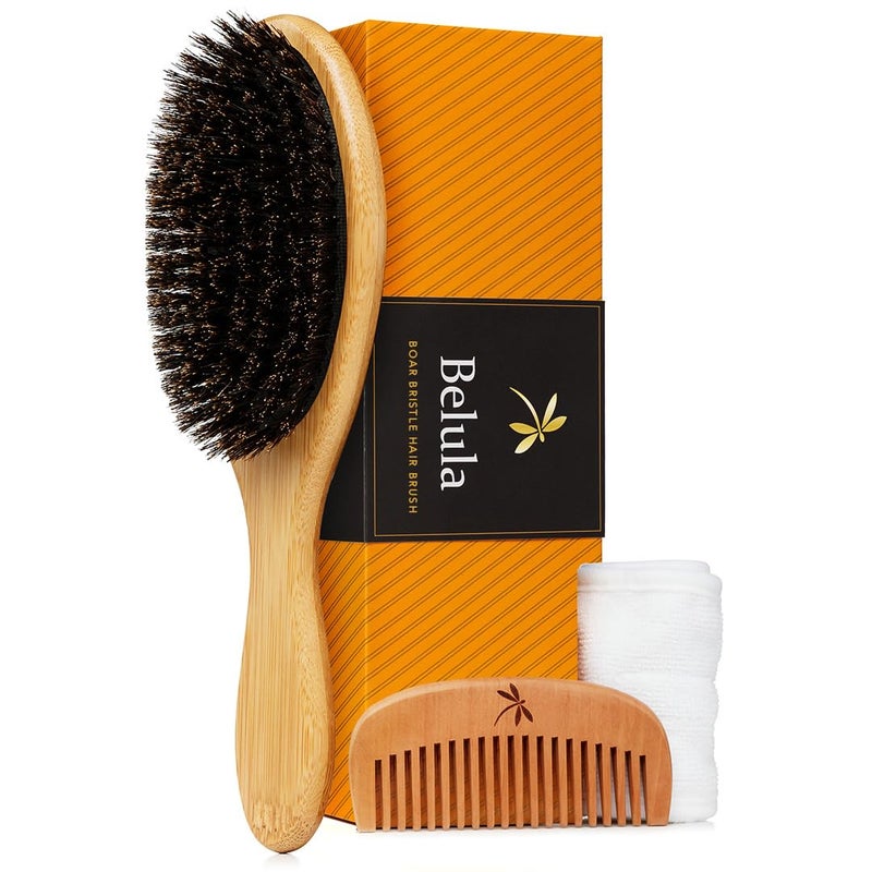 100 Boar Bristle Hair Brush for Women Set by Belula L Size Soft Natural Bristles for Thin and Fine Hair Wooden Comb Travel Bag and Spa Headband Included