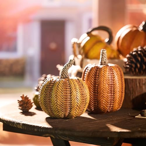 Valery Madelyn Thanksgiving Fall Decoration for Home Pumpkin Decor, 2pcs Resin Statue Artificial Rattan Pumpkins Figurine, Autumn Harvest Halloween Table Centerpieces, 6.2 inch - Image 2