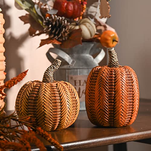 Valery Madelyn Thanksgiving Fall Decoration for Home Pumpkin Decor, 2pcs Resin Statue Artificial Rattan Pumpkins Figurine, Autumn Harvest Halloween Table Centerpieces, 6.2 inch - Image 3