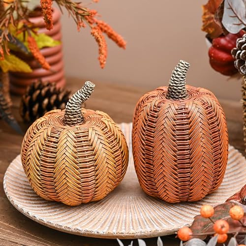 Valery Madelyn Thanksgiving Fall Decoration for Home Pumpkin Decor, 2pcs Resin Statue Artificial Rattan Pumpkins Figurine, Autumn Harvest Halloween Table Centerpieces, 6.2 inch - Image 1