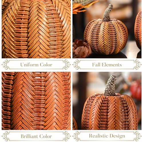 Valery Madelyn Thanksgiving Fall Decoration for Home Pumpkin Decor, 2pcs Resin Statue Artificial Rattan Pumpkins Figurine, Autumn Harvest Halloween Table Centerpieces, 6.2 inch - Image 5