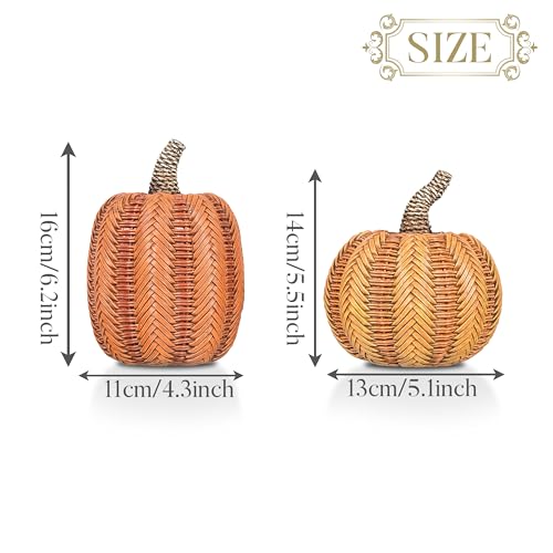 Valery Madelyn Thanksgiving Fall Decoration for Home Pumpkin Decor, 2pcs Resin Statue Artificial Rattan Pumpkins Figurine, Autumn Harvest Halloween Table Centerpieces, 6.2 inch - Image 4