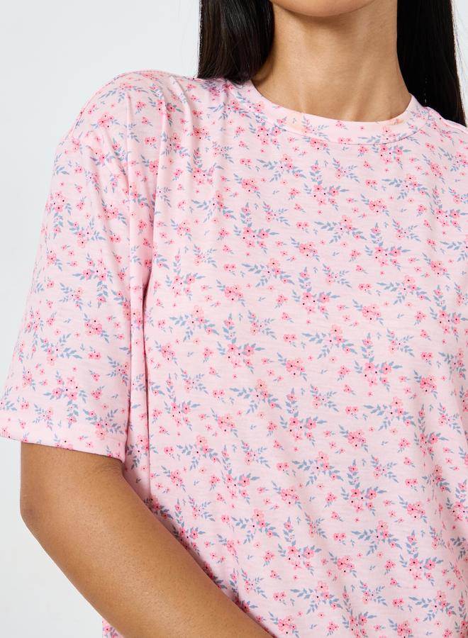 Styli Wide Ruffle Hem Ditsy Print Sleep T-Shirt Dress - Image 3