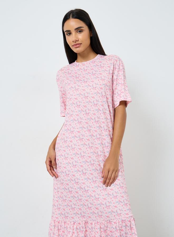 Styli Wide Ruffle Hem Ditsy Print Sleep T-Shirt Dress - Image 2
