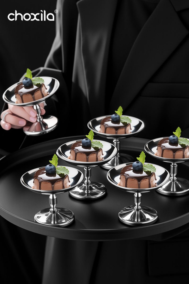 تشوكسيلا ٦ قطع كؤوس حلوى من الفولاذ المقاوم للصدأ، أوعية آيس كريم ذات قاعدة عالية، صحون معدنية صغيرة مزودة بقاعدة لحاملات صحون السنداي، هدايا حفلات للحلوى والجيلي والفواكه والبودينغ والوجبات الخفيفة - Image 1