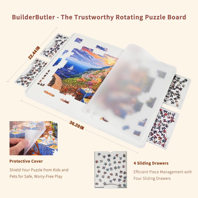 BuilderButler Lightweight 1000 Pieces Rotating Puzzle Board with 4 Sliding Drawers and Cover â€“ 360Â° Lazy Susan Spinning, 30.2"x22.44" Portable Plastic Puzzle Table, for Mom - Image 3