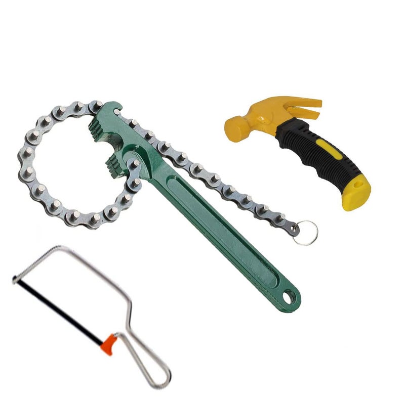 Digital Craft 3 Item Combo 9 Inch MultiPurpose Motorcycle Car Engine Oil Filter Chain Wrench Spanner Removal Tool 225 Adjustable Wrench With Chain Wrench Mini Hack Saw Mini Hammer - Image 1