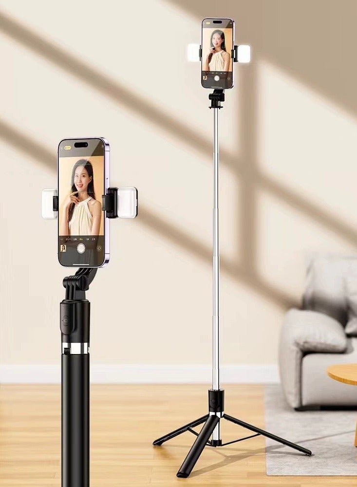 66'' Selfie Stick Tripod with Bluetooth Wireless Remote,2 Fill Light, Extendable Selfie Stick with Remote, Portable Cell Phone Tripod Stand with All in 1 Phone Clip, Lightweight Camera Tripod