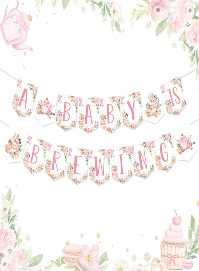 Fangleland Tea Party Baby Shower Banner for Girl - A Baby Is Brewing Tea Theme Pink Floral Banner Decorations, Girl’s Gender Reveal Pregnancy Celebration Hanging Garland Party Supplies - Image 1